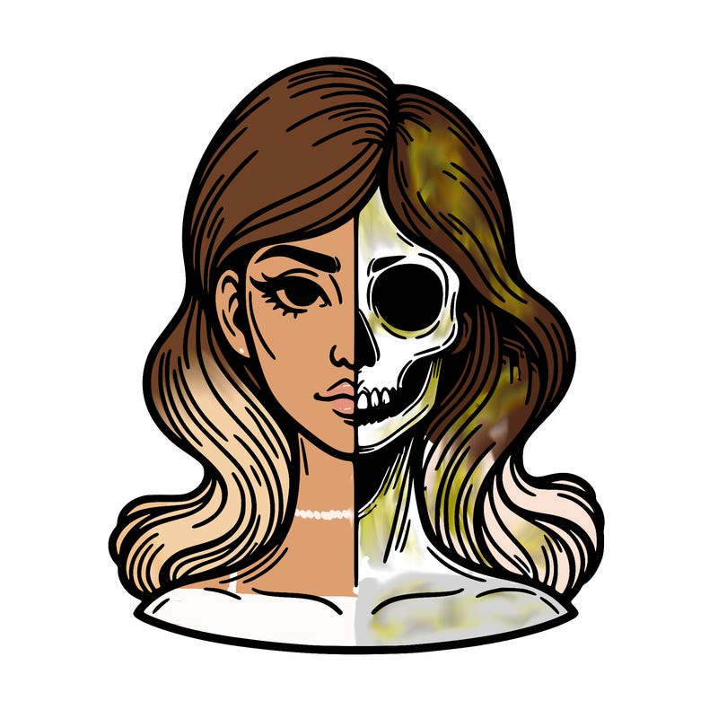 bust of a woman, half face and hair, half skull