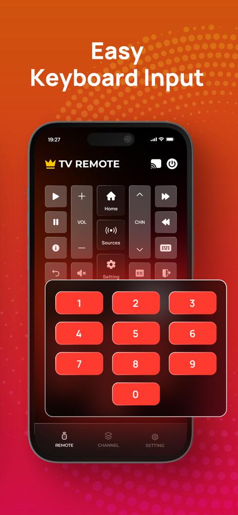 Vizo - Remote for Vizio TV - Smartphone mostrando la aplicación de control remoto Vizo con un teclado numérico y una función de entrada de teclado fácil para TV Vizio.