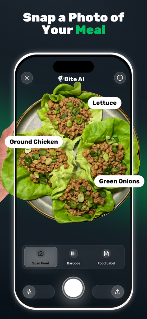 Bite AI: Photo Calorie Counter - Bite AI app interface showing real-time ingredient identification for a meal using photo recognition