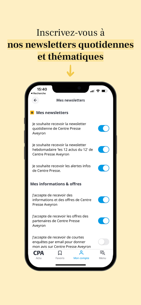 Écran de gestion des newsletters et des notifications dans l'application mobile Centre Presse Aveyron.