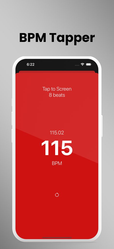 Loopsic - Best Drum Loops - Interface do BPM Tapper no aplicativo Loopsic mostrando 115 batidas por minuto em um fundo vermelho.