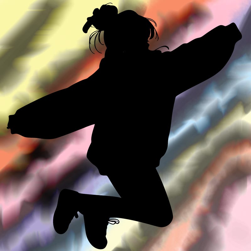 realistic girl jumping with a bun and oversized sweatshirt