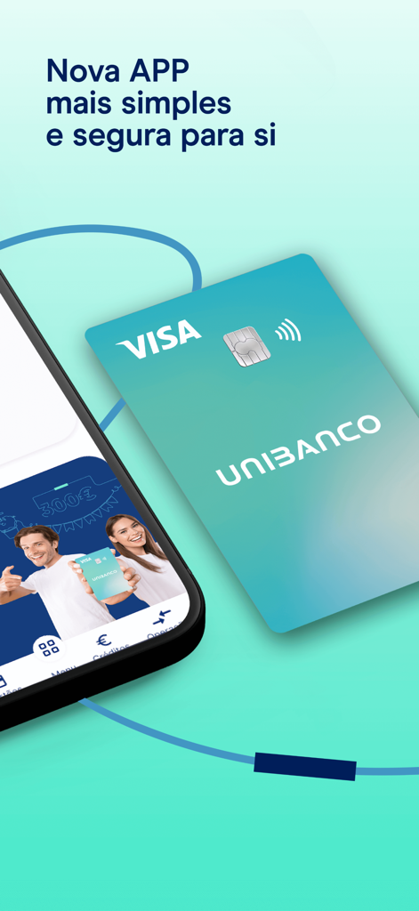 Smartphone displaying the UNIBANCO mobile app next to a teal Visa credit card