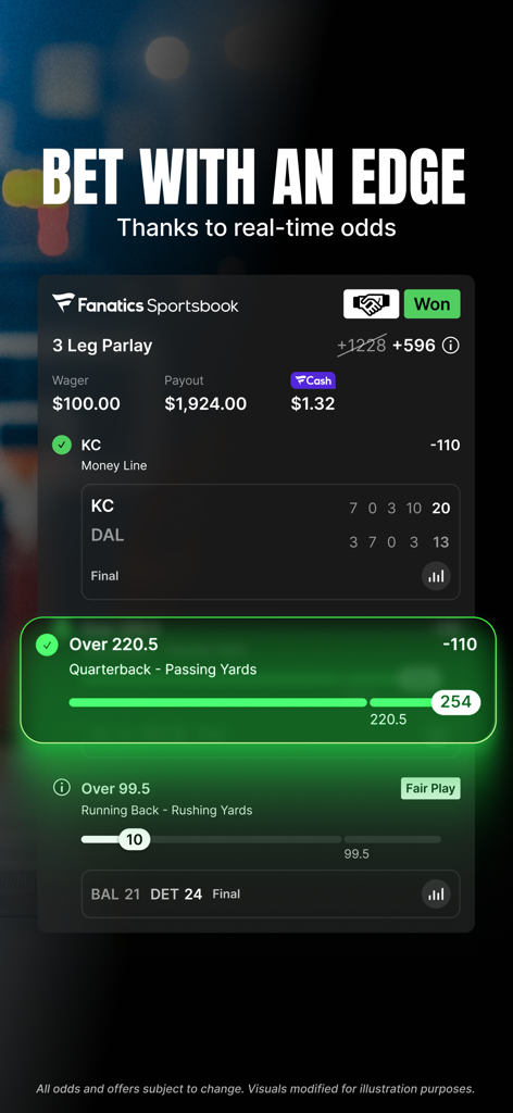 Fanatics Sportsbook & Casino - Fanatics Sportsbook mobile app screen showing a winning three leg parlay bet slip with payout and FanCash details