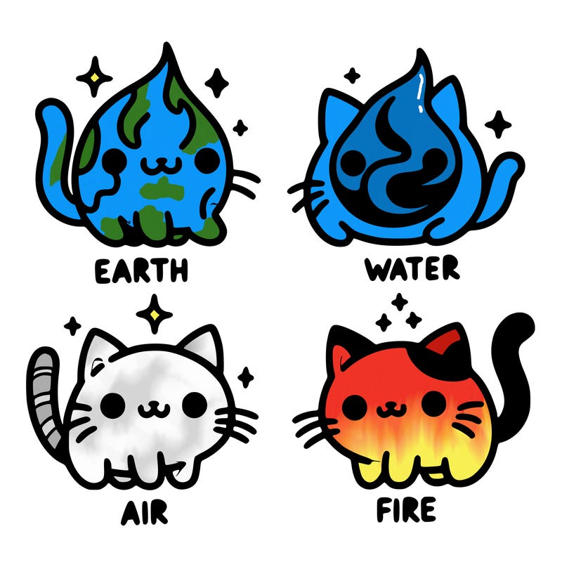 4 cats that represent the different elements, earth, water, air, and fire