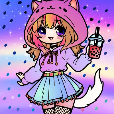 a anime girl with a fluffy cat hoodie with a skirt on and holding boba