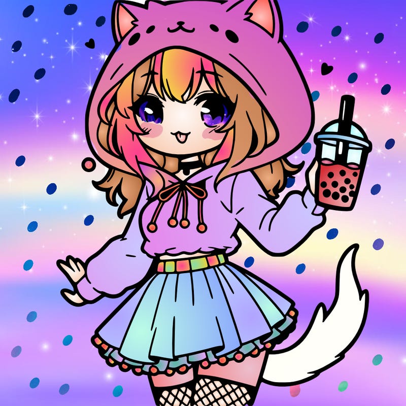 a anime girl with a fluffy cat hoodie with a skirt on and holding boba