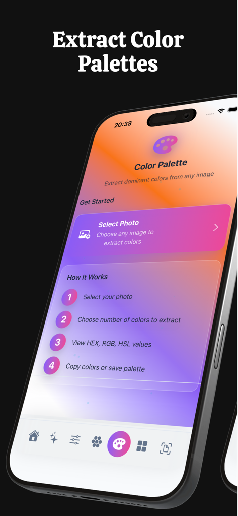 LMArena AI Creative - A smartphone displaying the color palette extraction interface of the LMArena AI Creative app which allows users to get HEX and RGB codes from photos.