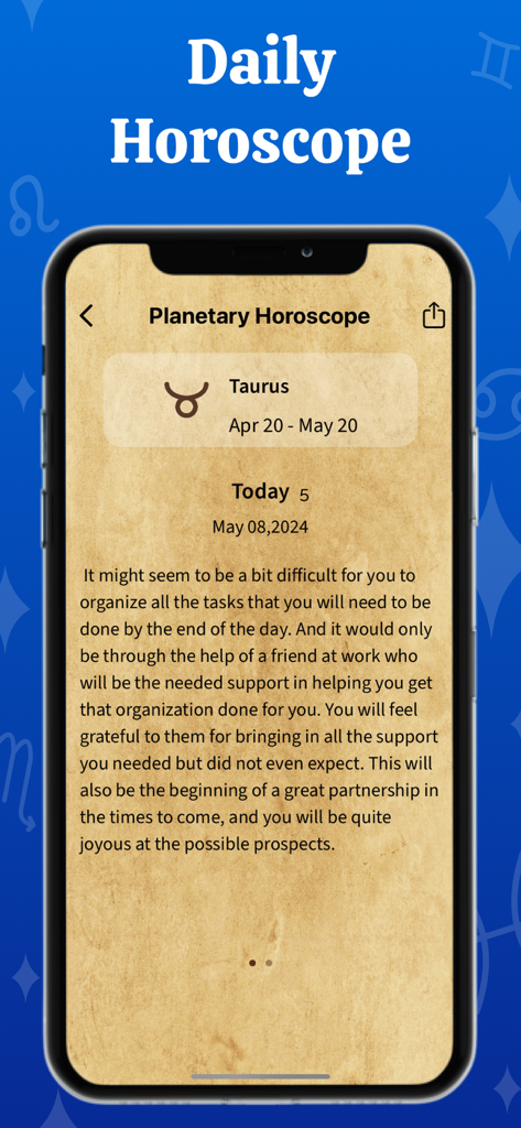 Palm Readerアプリで牡牛座の毎日の惑星占星術を示すモバイル画面
