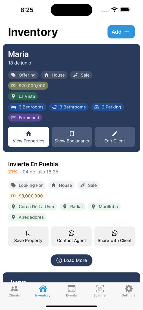 Propia - Interfaz de la aplicación Propia de bienes raíces que muestra el inventario de clientes y listados de propiedades con opciones para compartir a través de WhatsApp.