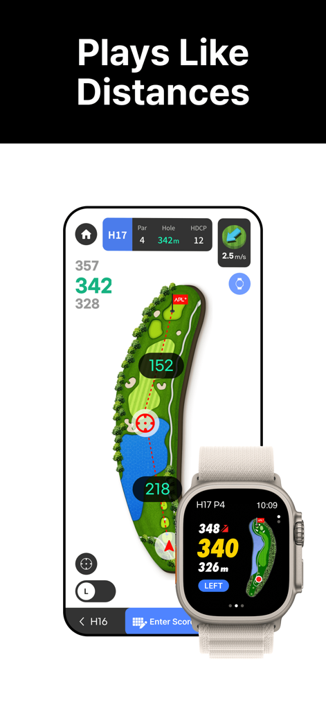VoiceCaddieX App zeigt Golfloch-Entfernungen auf iPhone und Apple Watch an.