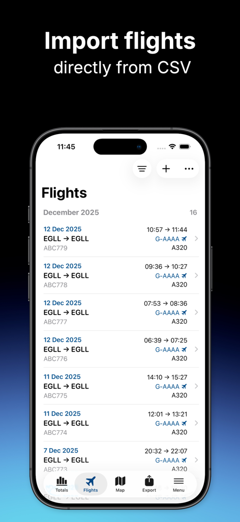 Pilot Logbook - Interface of the Pilot Logbook app showing a list of flights imported from a CSV file