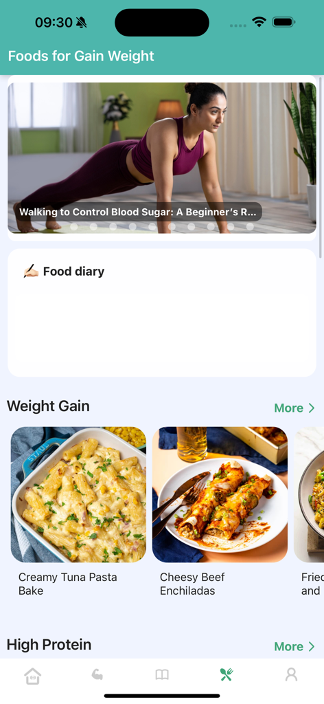 Workout for Underweight - Mobile app interface showing weight gain food diary and high calorie recipes
