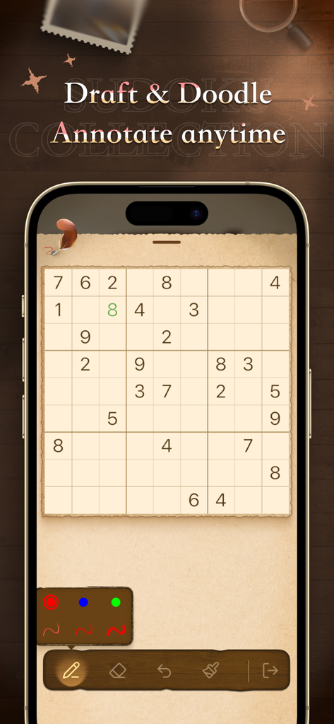 Sudoku - Retro Puzzle Games - Una pantalla móvil que muestra la función de borrador y anotación de bocetos para puzzles de Sudoku con un diseño de papel de pergamino retro.
