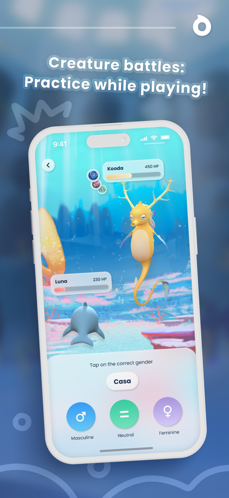 Fluyo - Fun Language Lessons - Fluyo app interface showing a gamified language lesson where users practice Spanish gender identification through a creature battle.