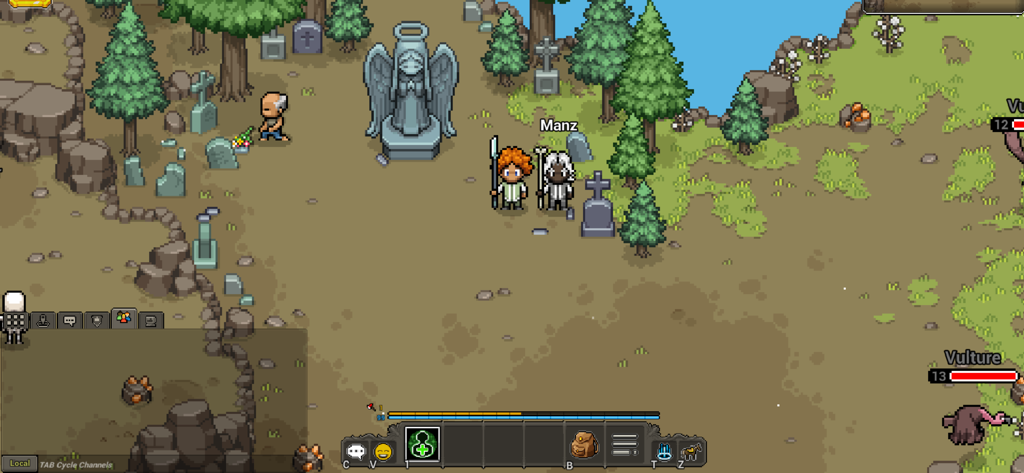 Gameplay de Heartwood Online apresentando dois personagens de jogadores em um cemitério