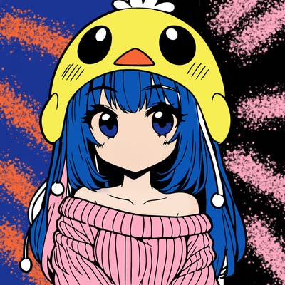 anime girl with chick shaped hat with sweater with bare shoulders with bangs covering them one eye with low tail