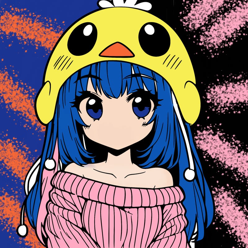 anime girl with chick shaped hat with sweater with bare shoulders with bangs covering them one eye with low tail
