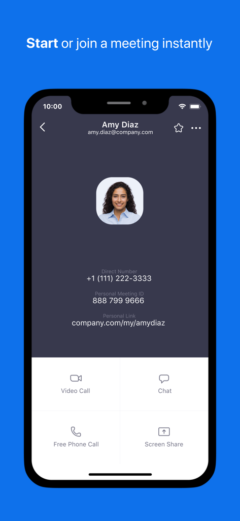 Zoom for BlackBerry app interface displaying a professional contact profile with options for video calls, chat, and screen sharing