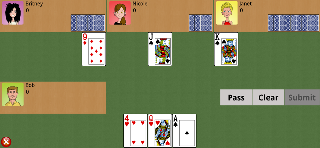 Big 2! - Gameplay of the Big 2 card game showing a match with four players and digital cards on a green table