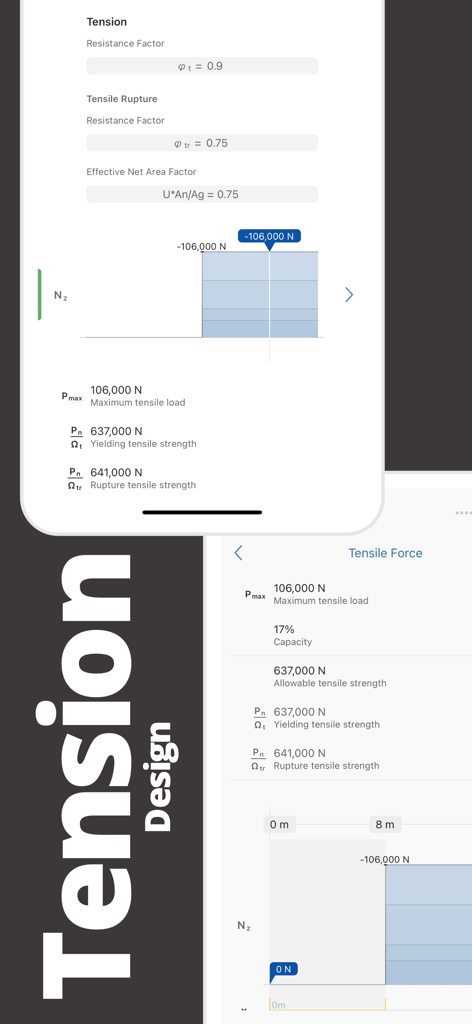 Deflection Pro app interface showing tension design calculations and structural analysis results