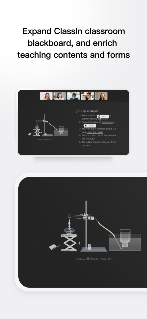 ClassIn Mirror - A ClassIn Mirror virtual classroom interface showing a chemistry experiment demonstration with step analysis and student video feeds