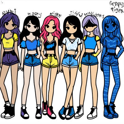 a group of girls wearing crop tops and shorts