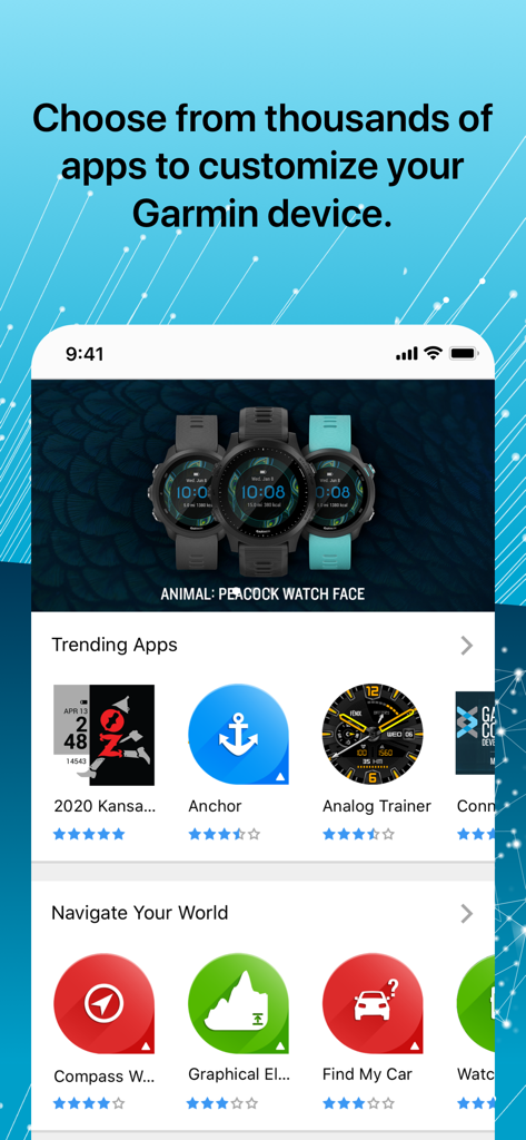 Interface du Connect IQ Store affichant les applications et cadrans de montre tendances pour les appareils Garmin