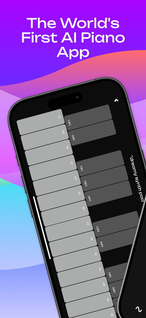 SynthGPT AI piano app interface with digital keyboard and dreamy synth pad text prompt