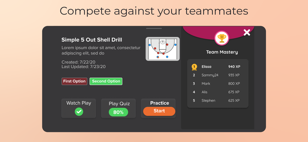 FastReps - FastReps app interface showing a basketball drill menu and a team leaderboard