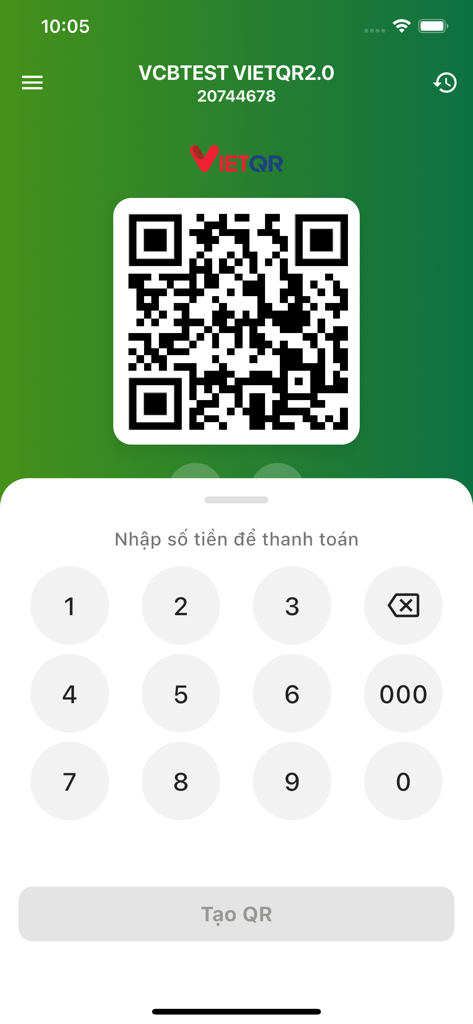VCB Merchantアプリのモバイルインターフェースで、決済入力用のQRコードとキーパッドを表示する画面