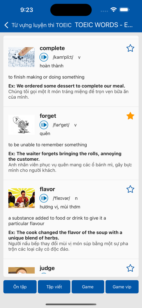English to Vietnamese vocabulary list with definitions and example sentences in the TFlat app for TOEIC exam prep
