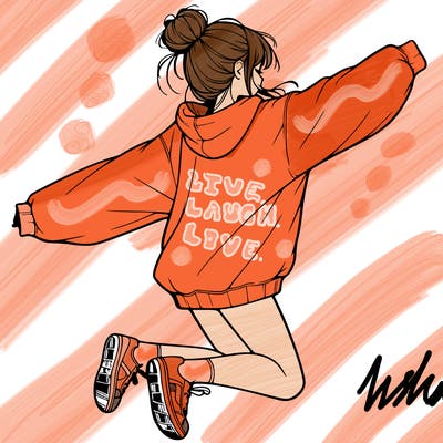 realistic girl jumping with a bun and oversized sweatshirt