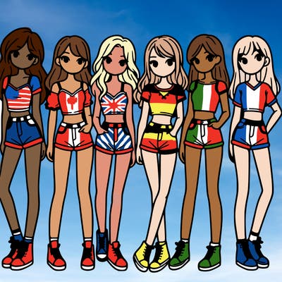 a group of girls wearing crop tops and shorts