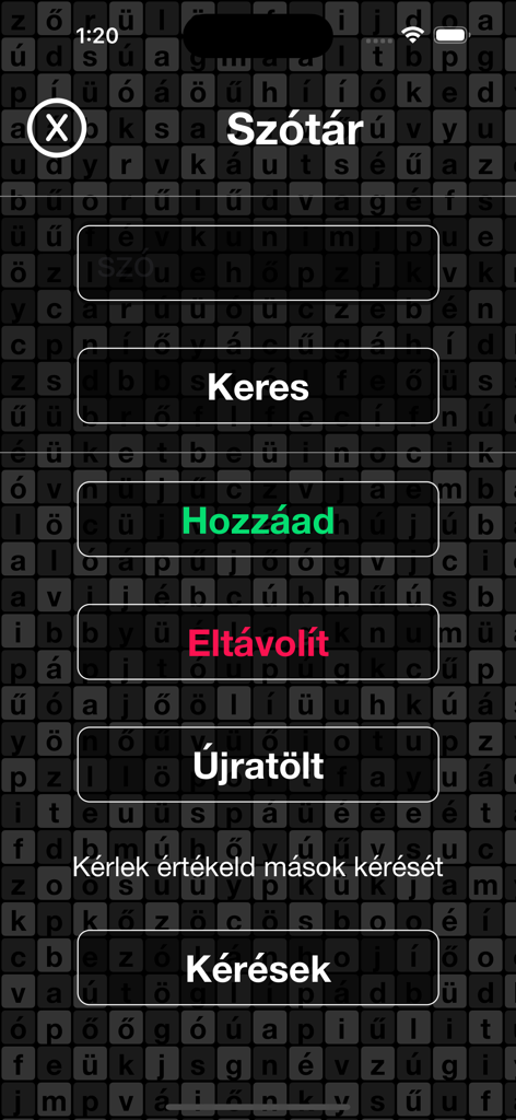 Wörterbuchmenüoberfläche im ungarischen Wortsuchspiel WordsMatrix
