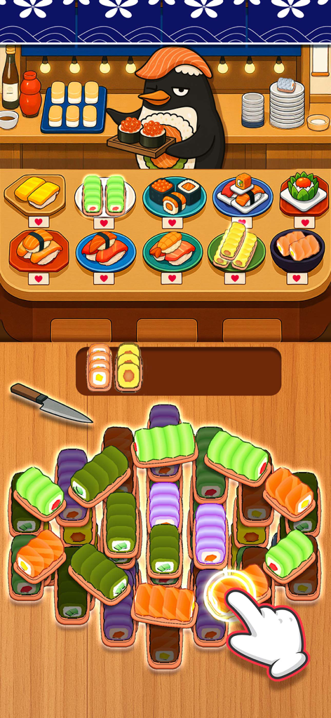 Sushi Sort - Jam Puzzle Games - A penguin waiter manages a colorful sushi counter in a mobile sorting puzzle game