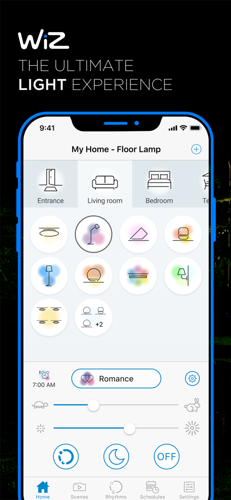 WiZ legacy app interface showing room selection and smart lighting controls for a floor lamp