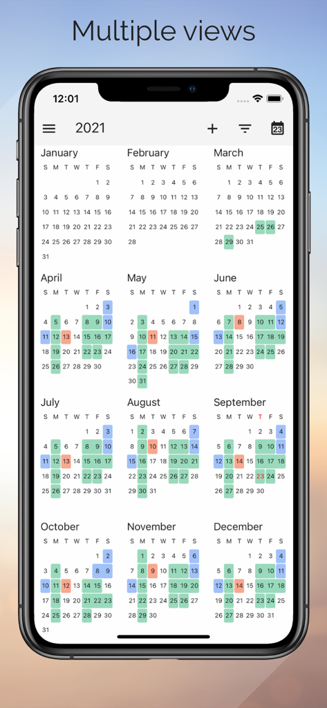 One Calendar - One Calendar App zeigt eine Jahresübersicht der Ereignisse auf einem iPhone