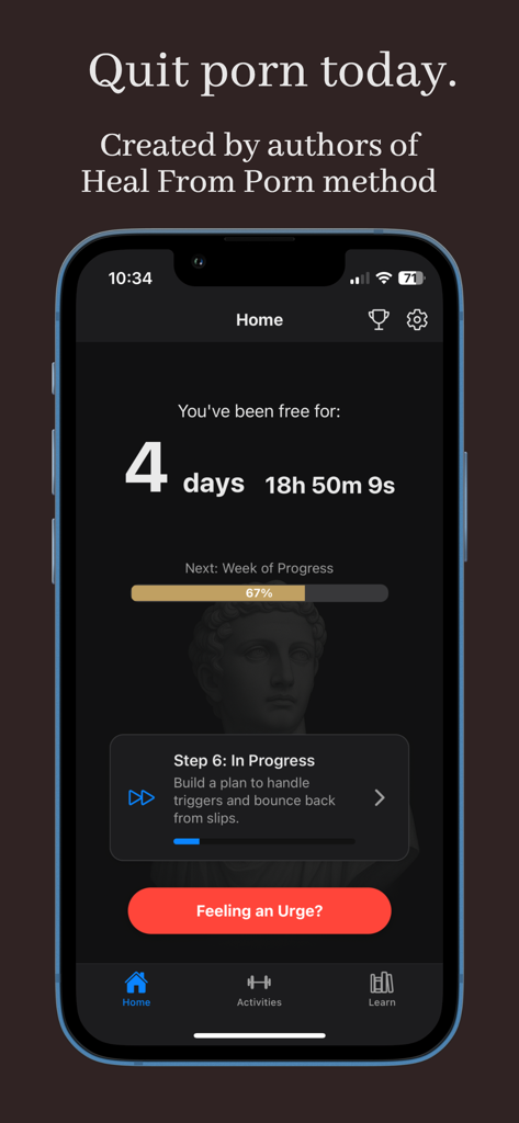 Unbound: Quit Porn Today - Pantalla de inicio de la aplicación Unbound mostrando un contador de rachas de 4 días y un botón de anulación de impulsos