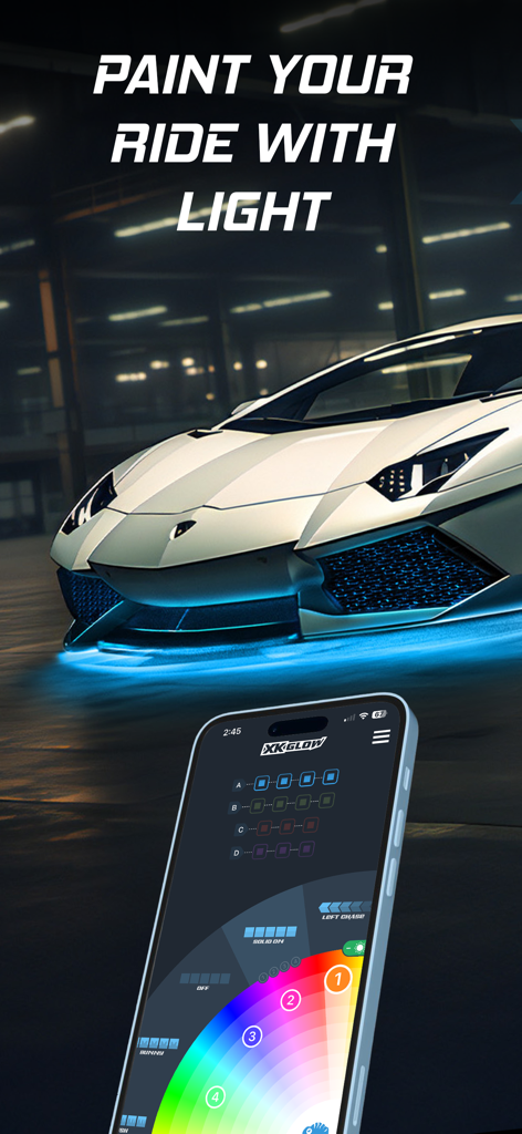 XKmax - A white sports car with blue LED underglow lights and a smartphone showing the XKmax control app interface