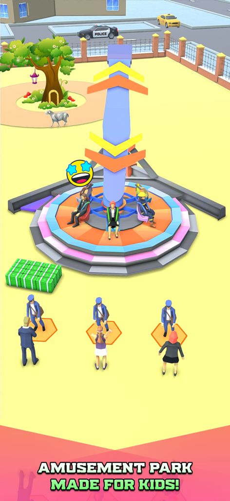 Bus Arrival Theme Park Games - A 3D mobile game screenshot showing visitors on a theme park ride with staff members collecting tickets and stacks of cash.