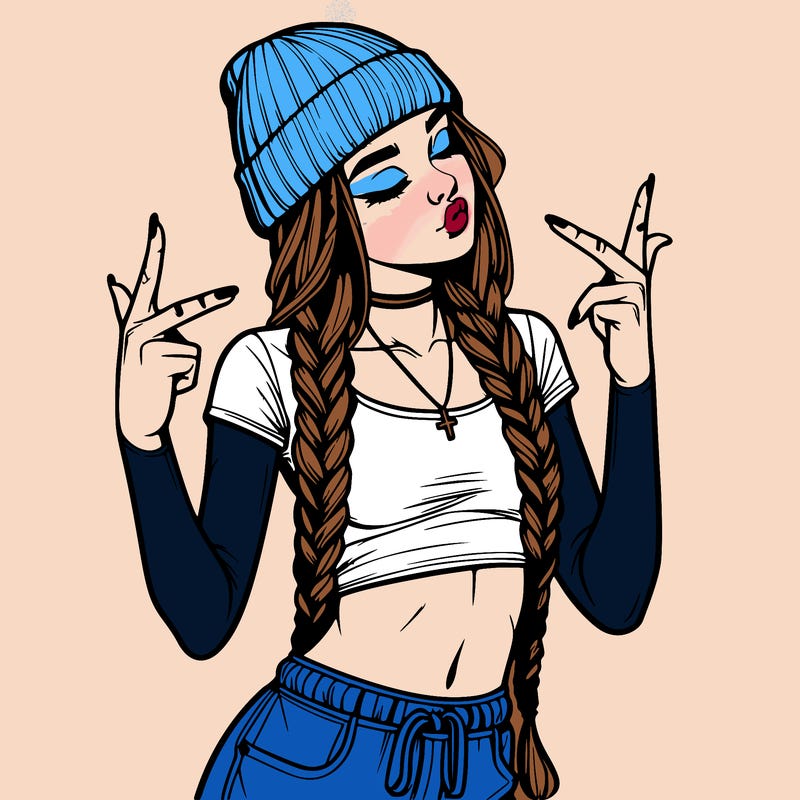 realistic teenage girl with braids and a beanie and crop top doing 🫶🏼
