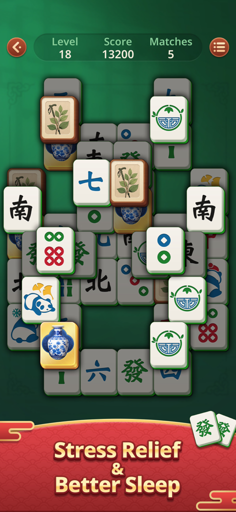 Mahjong Epic classic game board with tiles on a green background for stress relief