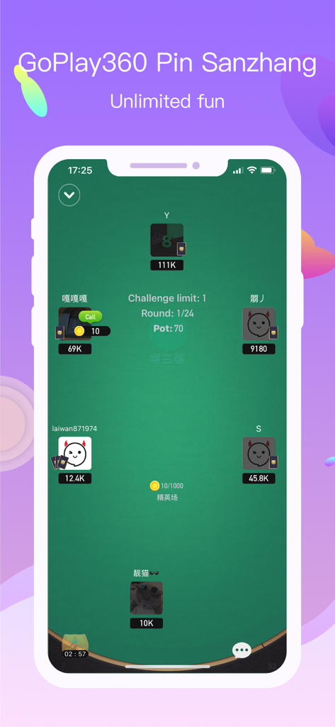 GoPlay360 - Poker with friends - Interfaz de juego móvil del juego de cartas GoPlay360 Pin Sanzhang con jugadores y avatares alrededor de una mesa virtual.