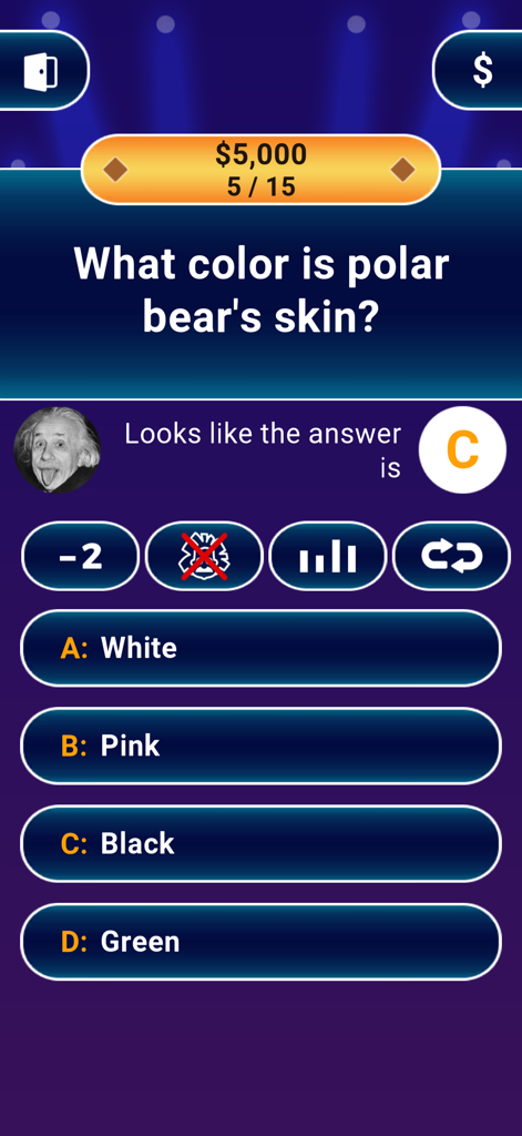 A screenshot of the Millionaire Quiz Trivia Game showing a general knowledge question with the Einstein lifeline activated