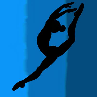 gymnast doing a leap in a leotard with a bent back leg