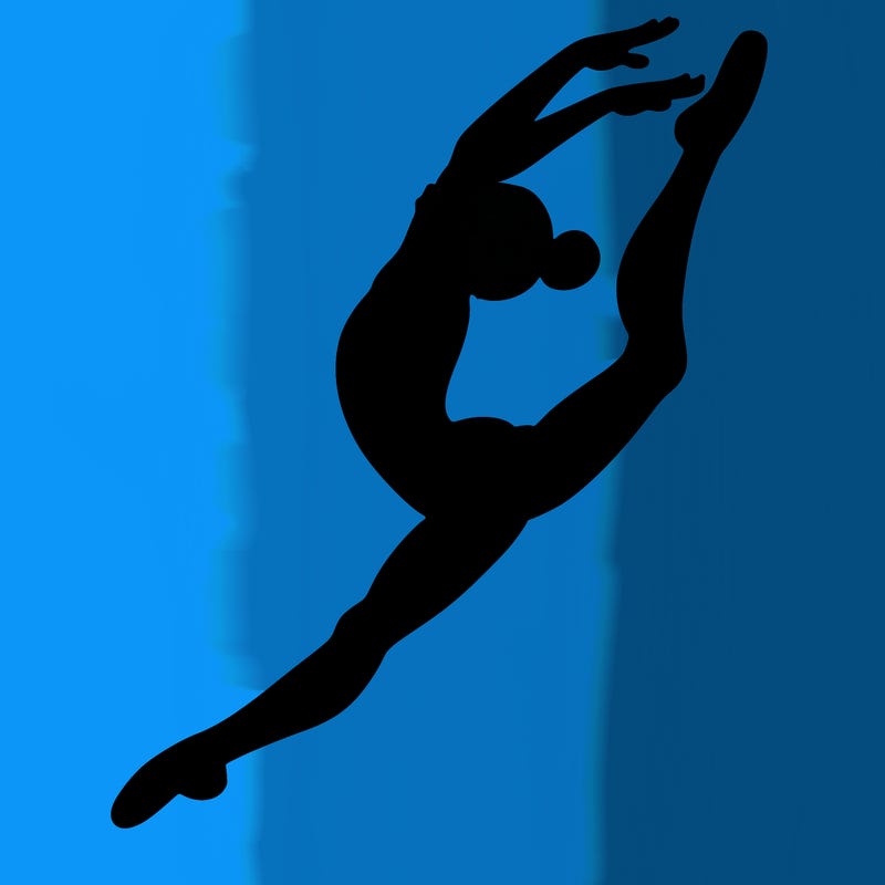 gymnast doing a leap in a leotard with a bent back leg