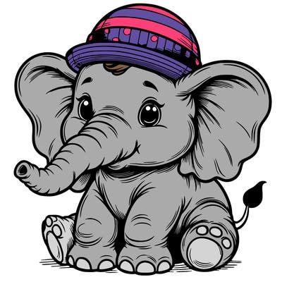 a baby elephant with huge heats and a little hat realistic