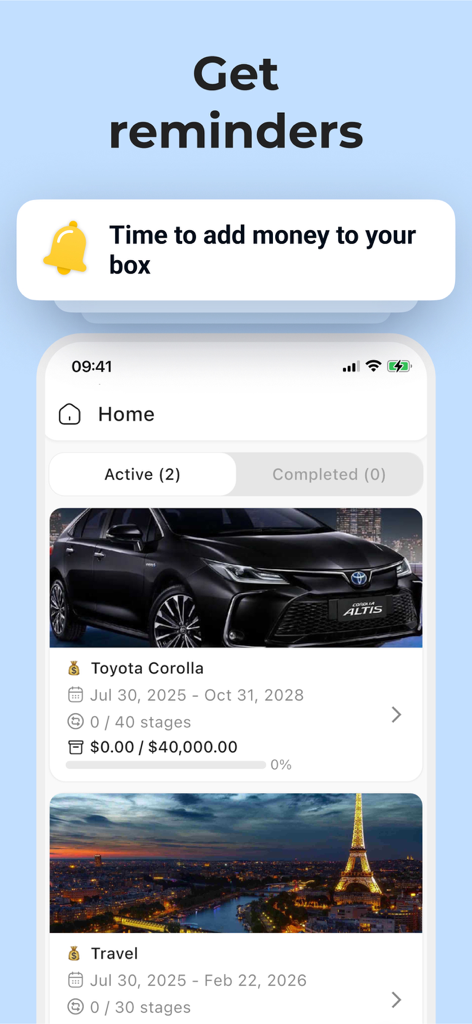 Savings Tracker: My Piggy Bank - Savings Tracker app interface showing goal reminders and visual progress for a car and travel