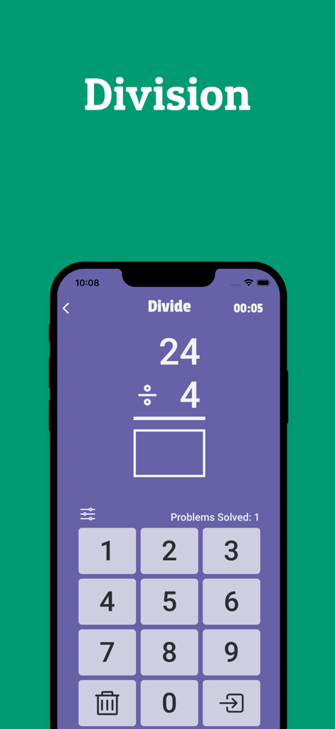 Math Practice: Math Whiz Kids - Math Whiz Kids app interface showing a division problem 24 divided by 4 with a numeric keypad.